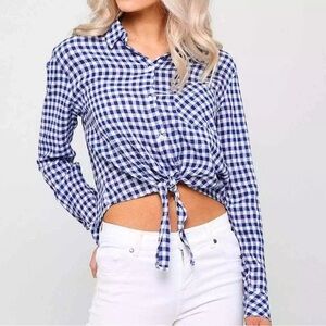 Anthropologie Rails White Gingham Blue Checkered Plaid Tie Front Button Down S